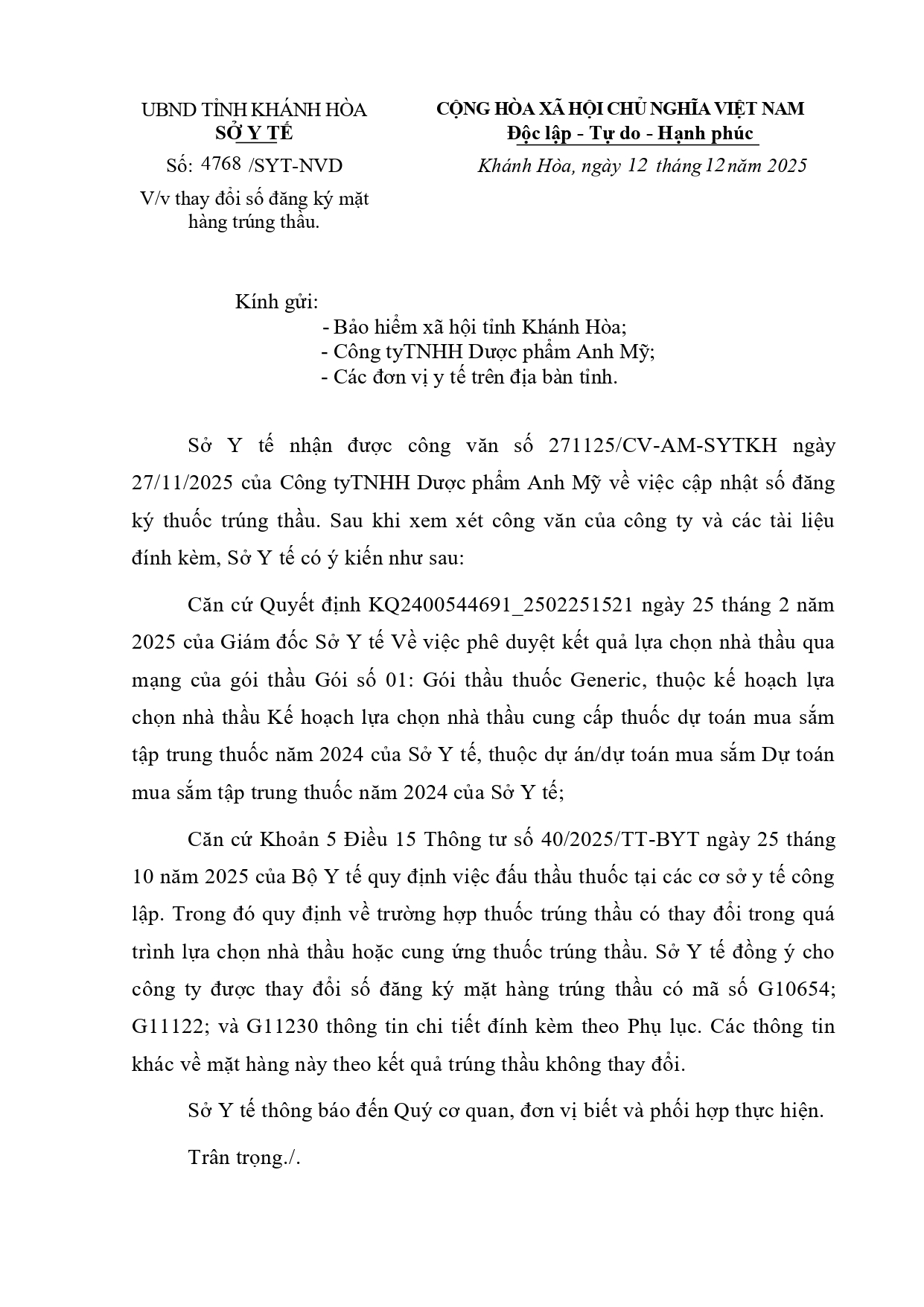 V/v thay đổi số đăng ký mặt hàng trúng thầu.